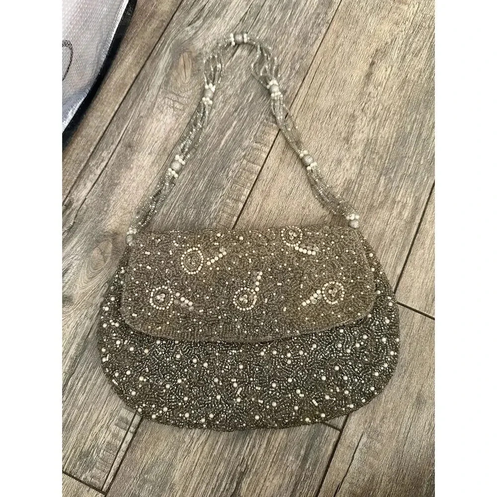 VIntage Round MAGID Silver gold Beaded w/ Strap Snap Closure Evening Bag